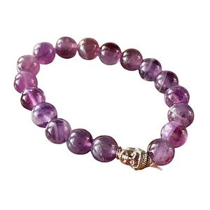 Authentic Amethyst with Silver Buddha Stretch Beaded Bracelet Color Purple